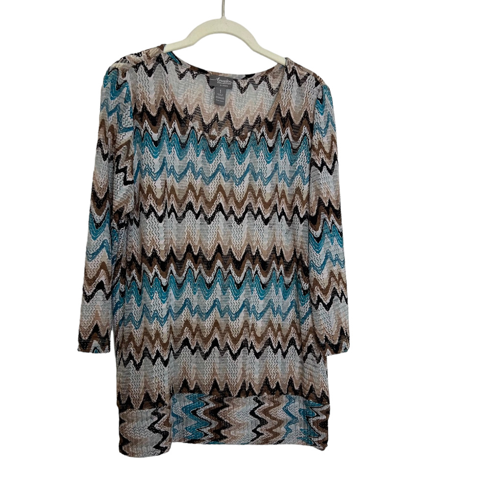 Travelers Collection by Chicos Womens Top Size Medium Blue Brown Chevron Stretch